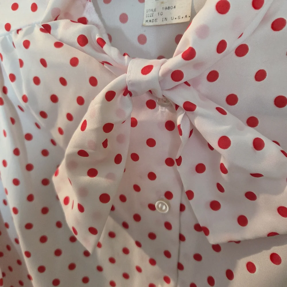 VINTAGE 60s White Blouse with Red Mini Mouse Style Polka Dots & Bow Neck